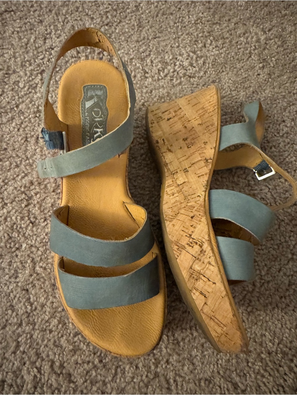 Kork-Ease Women's Light Blue Suede Cork Wedge Sandals
